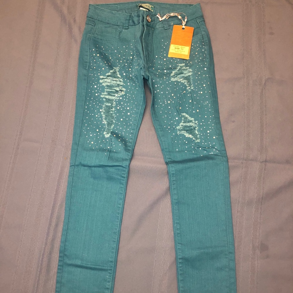 Teal Bedazzled Ripped Jeans
